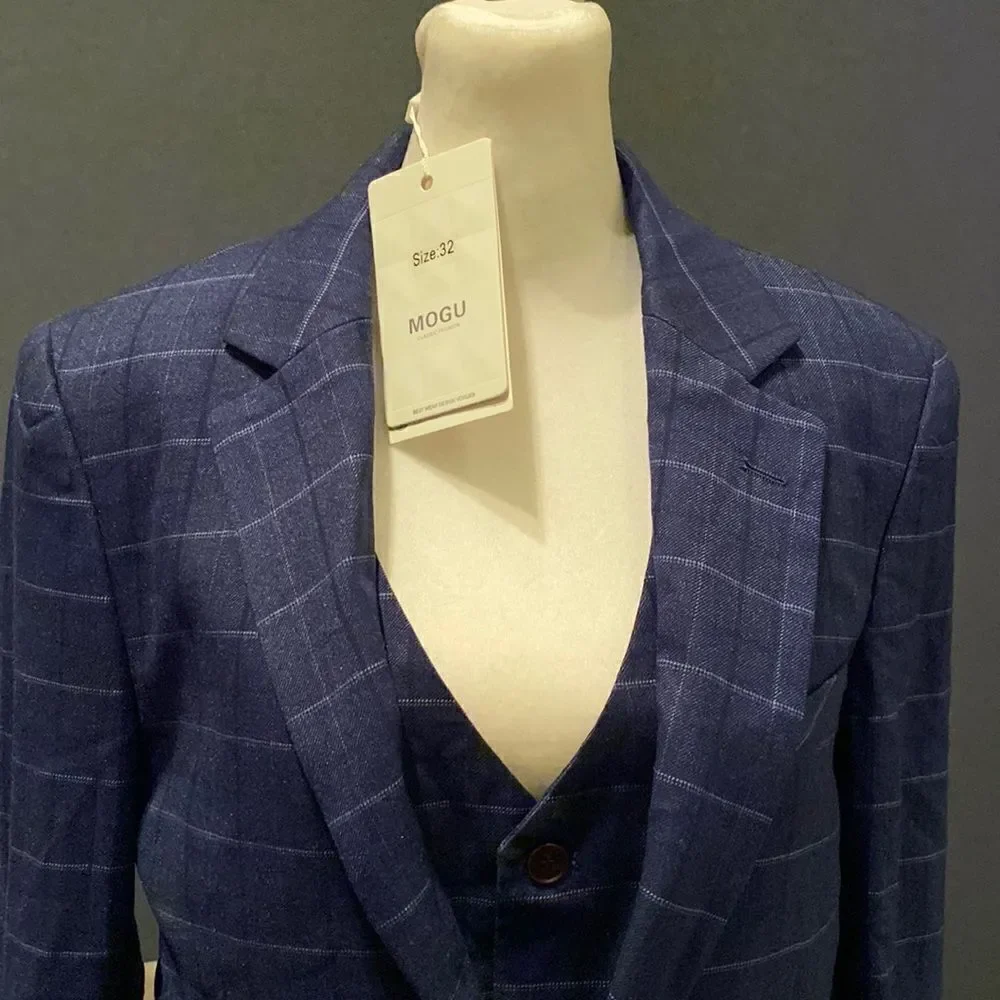 Men’s Plaid Suit Jacket & Vest Single Breasted One Button Business Size 32 NWT